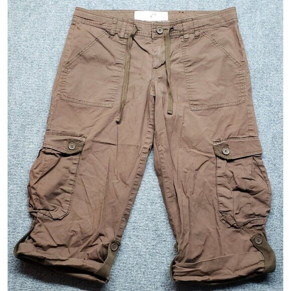 Plugg Jeans Capri Pants Womens 7 Dark Brown Cargo Pockets Button Zip Low Rise - Picture 1 of 10